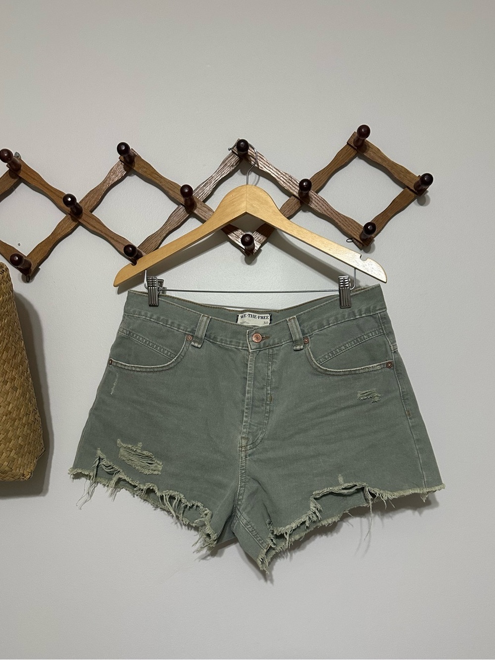 We The Free Olive Green Distressed Denim Shorts